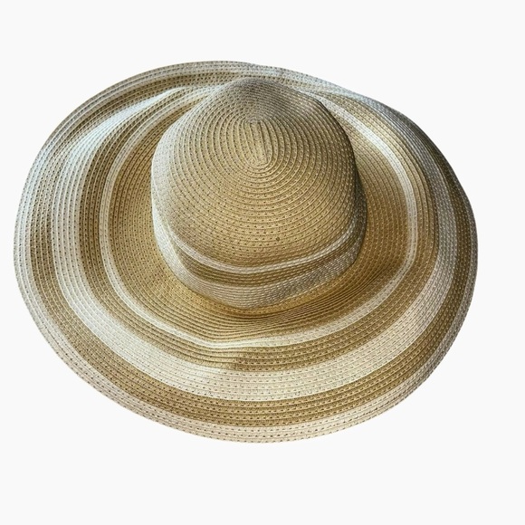J. Crew large brim tan white summer straw hat beach pool - Picture 1 of 4